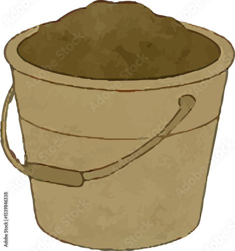 Rugged metal bucket with a handle, perfect for carrying materials like sand or gravel at road work and construction sites, designed for durability and practicality