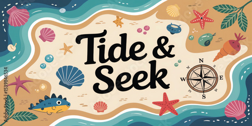 Delightful Tide Seek Beach Treasure Map Illustration featuring seashells starfish compass nautical ocean summer kids design