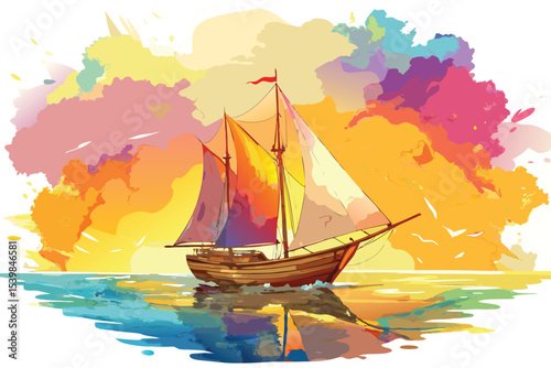 illustration of a sailboat on the water with a colorful background
