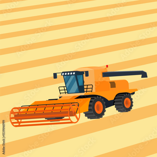 Minimalistic and stylish vector illustration with a modern combine harvester on a geometrically designed wheat field.