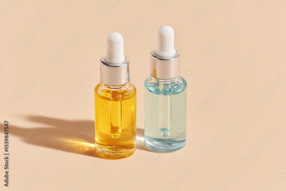 Naklejka premium two glass bottles with droppers cast subtle shadows against plain pastel background