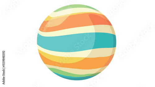 The image depicts a digital illustration of a spherical object with horizontal stripes of varying pastel colors, primarily orange, yellow, light blue, and green.  The stripes are wavy and not