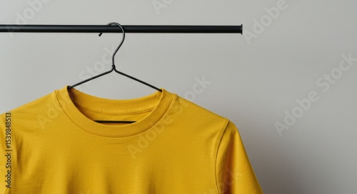 A gold tshirt hangs on a black wire hanger against a light gray wall and black clothing rod