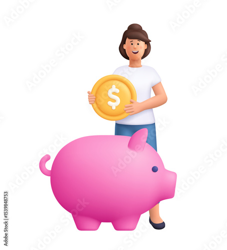 Woman Jane holding a large gold coin with a dollar sign, standing next to a big pink piggy bank. Personal finance, financial planning concept. 3d vector people character. Cartoon minimal style.