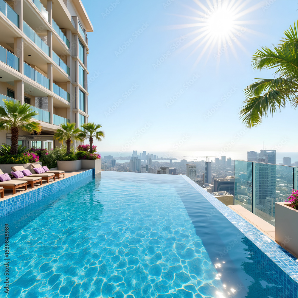 Luxury rooftop infinity pool overlooking city skyline in sunshine Luxury rooftop infinity pool overlooking city skyline in sunshine
