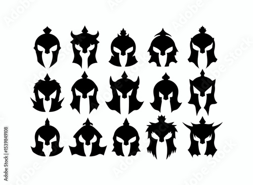 set of silhouette isolated medieval spartan helmet