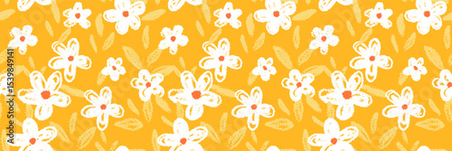 Seamless vector floral pattern with playful crayon style flowers and leaves on a vibrant yellow background. Template for kids textiles, stationery, wrapping paper, and cheerful designs