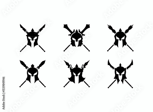 set of sparta helmet armor icon with crossed spear for medieval, rpg game