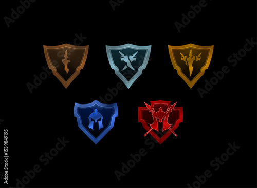 set of shield badge rank medal in bronze, silver, gold, mythic with dagger and sparta helmet symbol