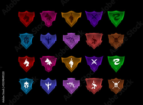 set of colorful shield icon for emblem, badge, icon fantasy rpg game with role, class, animal symbol