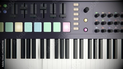 Digital midi key piano camera pan, cinematic. Keys midi. Music and learning, close up, music background, skill home lesson. 3d rendering