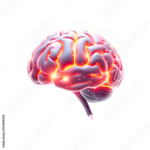 Glowing and illuminated human brain with neural connections isolated on a white background
