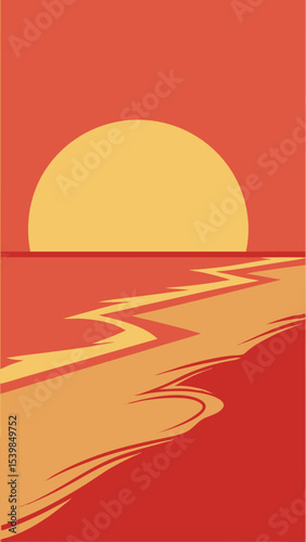 Abstract sunset scene with geometric elements and warm color palette