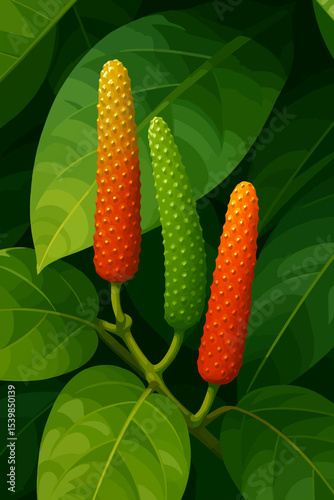 This image features the striking fruit of the long pepper plant. The focal point includes three spiked, cylindrical fruits in various stages of ripeness—one green, one orange, and one red—emerging pro
