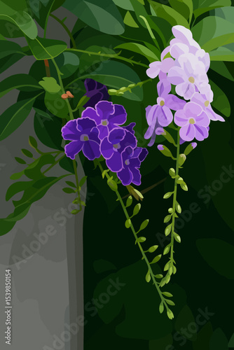 The image depicts a delicate and vibrant cluster of Duranta erecta. The plant features cascading flower spikes with small, trumpet-shaped blossoms in two main colors: rich violet and soft lavender. Ea