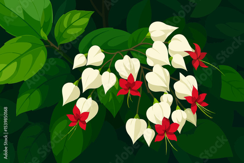 This digital illustration features a blooming Bleeding Heart Vine (Clerodendrum thomsoniae) set against a backdrop of lush green foliage. The flowers consist of elegant, heart-shaped white calyxes tha