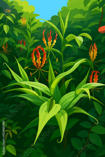 This illustration depicts a lush tropical forest with vibrant green foliage and several exotic flowers. The main focus is on a group of striking Gloriosa lilies (commonly known as flame lilies or fire