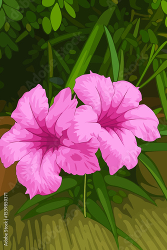 This digital illustration showcases two vibrant pink blooms of the Ruellia simplex, commonly known in Thai as ฟ้าประทานพร (Fa Pra Than Phon). The trumpet-shaped flowers feature gently ruffled edges an