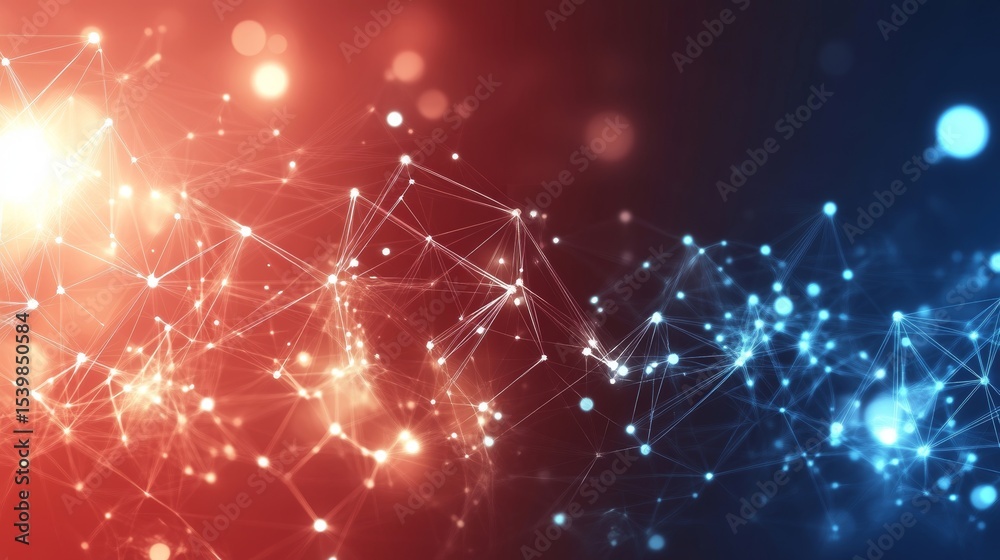 Obraz premium Futuristic Abstract Red and Blue Polygonal Network with Interconnected Dots for Data Science Tech