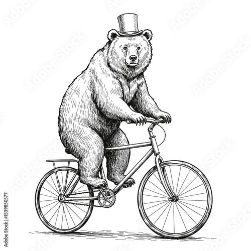 A detailed sketch of a bear riding a bicycle while wearing a party hat. The black-and-white illustration offers a whimsical and festive scene, perfect for celebration and fun themes
