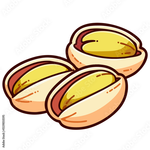 Three pistachio nuts in shells isolated on white background, hand drawn doodle cartoon clip art, isolated clean and simple vector illustration