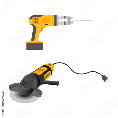 Vector illustration with drill screwdriver and angle grinder machine on white background.