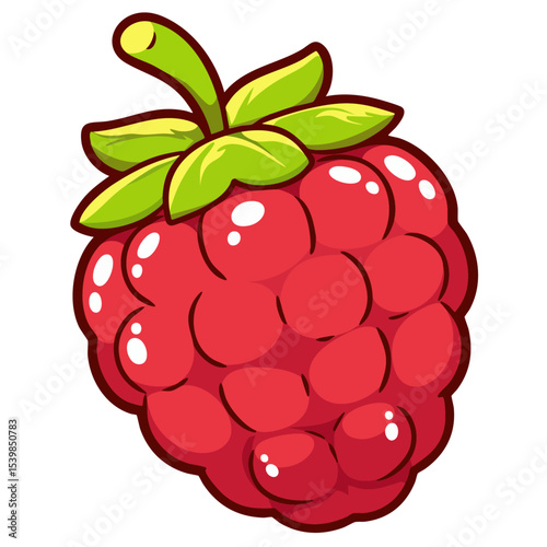 Ripe fresh raspberry berry with green stem, doodle cartoon clip art, isolated clean and simple vector illustration