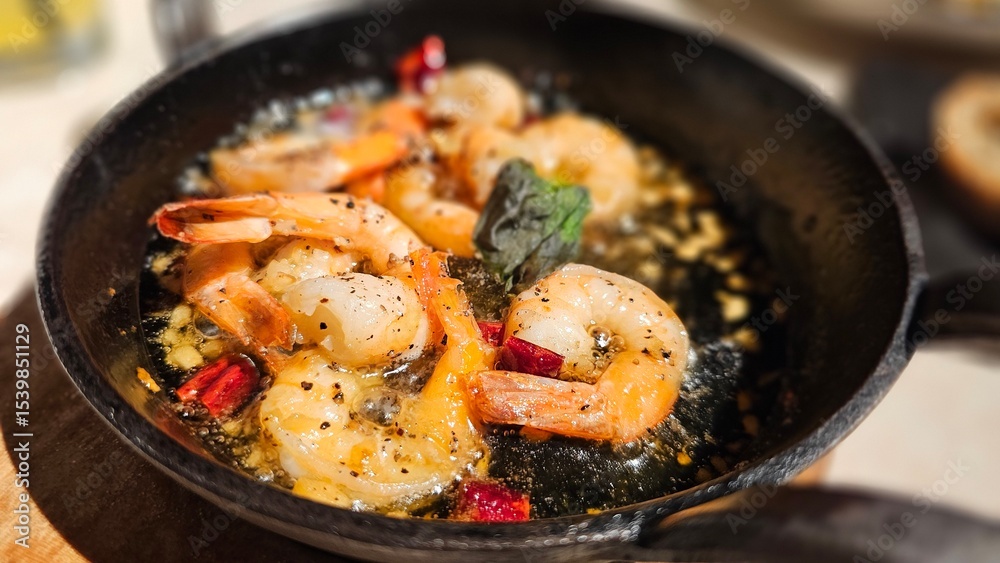 Classic Spanish dish —Gambas al ajillo (Garlic Shrimp) in Olive Oil (Gambas al Ajillo) with sliced olive sourdough bread, served hot in a cast iron pan at a bistro bar or restaurant Classic Spanish dish —Gambas al ajillo (Garlic Shrimp) in Olive Oil (Gambas al Ajillo) with sliced olive sourdough bread, served hot in a cast iron pan at a bistro bar or restaurant