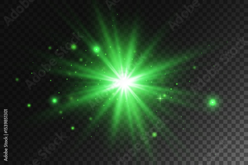 Green glowing light burst on transparent background, green sun rays, sunlight burst with rays, vector illustration, eps 10