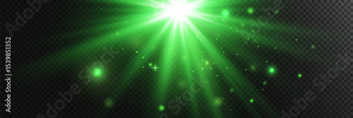 Green glowing light burst on transparent background, green sun rays, sunlight burst with rays, vector illustration, eps 10