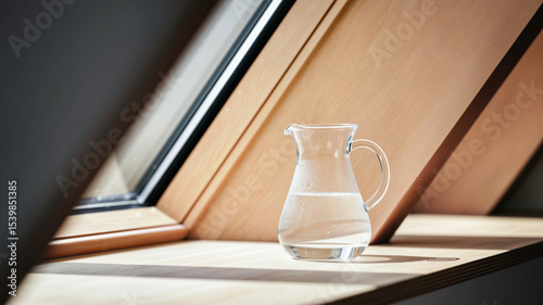 Glass pitcher of water on wooden windowsill by skylight  