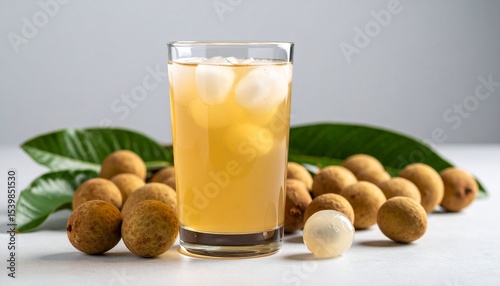 A glass of longan juice with peeled and whole longans on a neutral gray surface