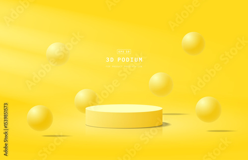 Realistic yellow 3D cylinder podium or stage for show product with sphere balls bouncing on the air. Yellow studio room. Scene for showcase. 3D vector geometric platform design. 3D vector rendering