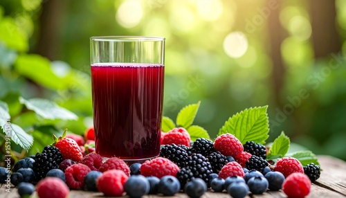 A glass of mixed berry juice with assorted berries on a forest green background