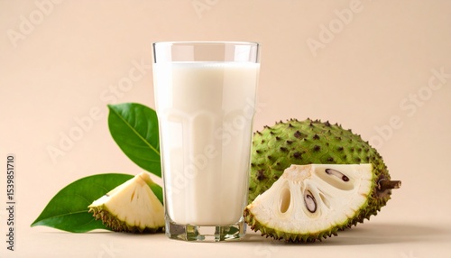 A glass of soursop juice with peeled fruit segments on a natural beige backdrop