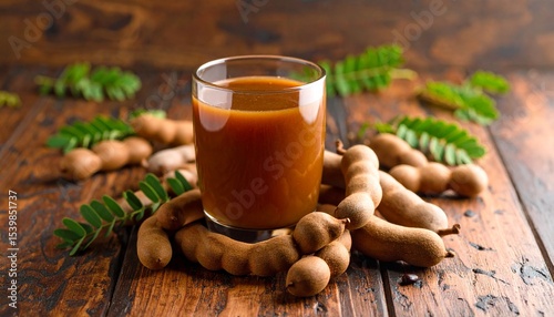 A glass of tamarind juice with tamarind pods on a rustic brown surface