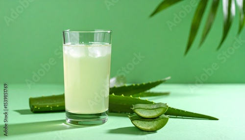 A glass of aloe vera juice with aloe leaves on a fresh light green background