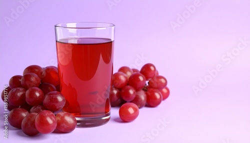 A clear glass of grape juice with red grapes on a purple surface