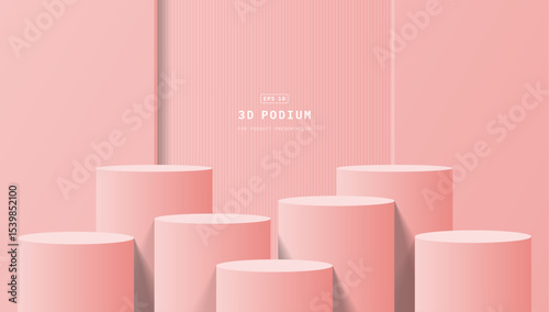 Empty room with seven steps pink 3d cylinder podium pedestal or product display stand with rectangle wall background. Minimal wall scene for mockup.3d vector geometric platform. 3d vector rendering.