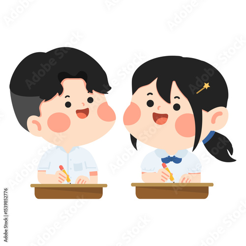 Cartoon Illustration of Students Writing at Desks