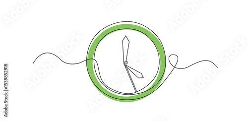 Clock One Line Drawing Vector with Green Accent on White.