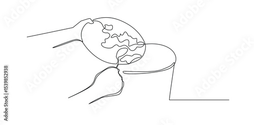 World in Trash Can - Single Line Vector on White Background.