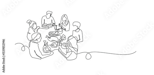 Continuous Line Drawing of People at Dinner Table, Vector Illustration.