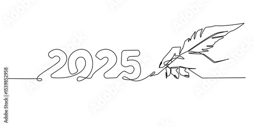 2025 Year, Continuous Line Vector Illustration. Writing with Feather Pen.