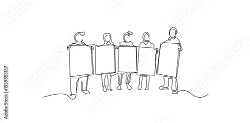 Protest Line Art Vector: People Holding Signs, Isolated on White Background.