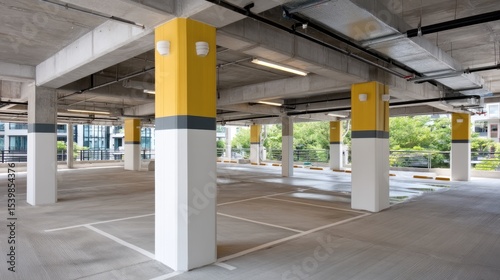 Spacious underground parking with bright orange and white columns, modern design, and a clean, minimalistic vibe