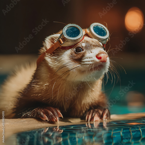 A portly ferret wearing swimming goggles by a small pool