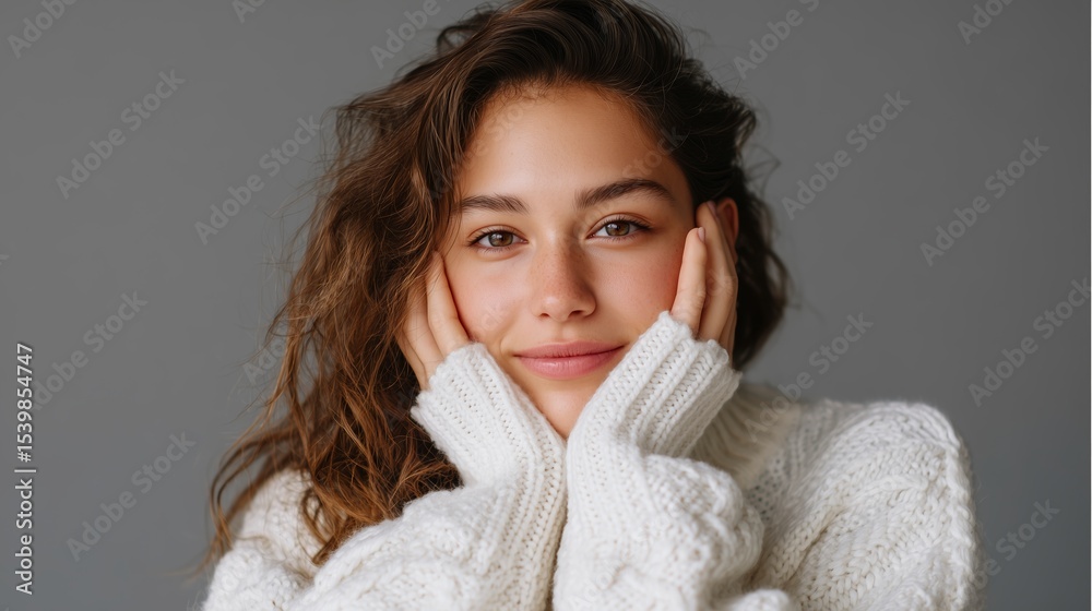 Woman in cozy sweater smiles warmly with hands on her face in a minimalist indoor setting during daylight Woman in cozy sweater smiles warmly with hands on her face in a minimalist indoor setting during daylight