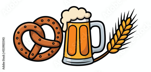 Cartoon pretzel beer mug and wheat graphic