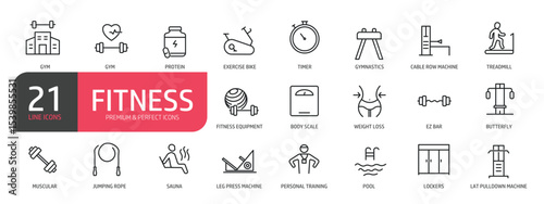 Set of line icons related to gymnastics, treadmill, jumping rope, fitness equipment. Outline icons collection. Editable stroke. Vector illustration.